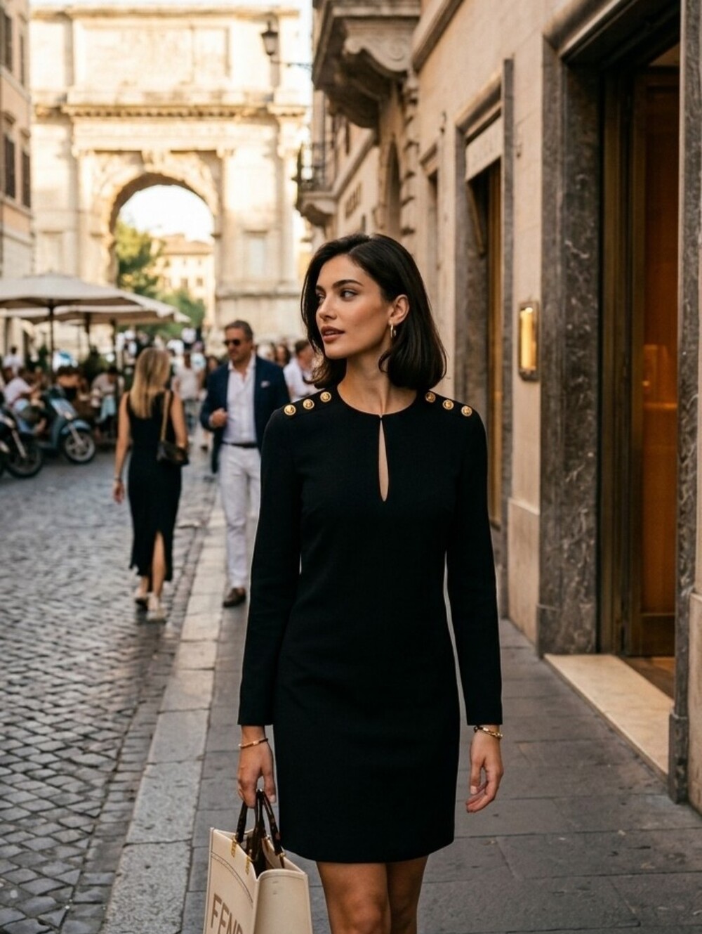 Gucci Black Long-Sleeve Shift Dress with Gold Shoulder Buttons Minimalist S